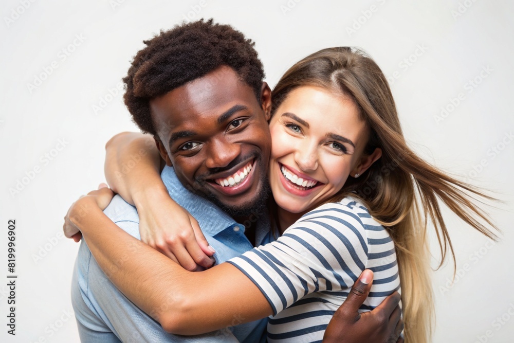 Young loving couple hugging on a light background