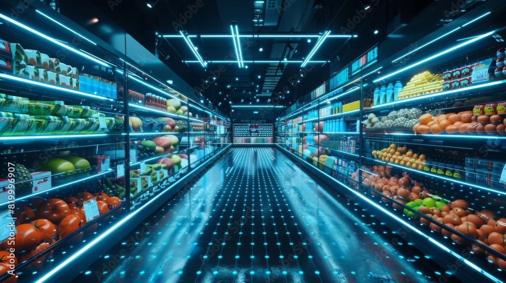 AI systems analyzing past purchases for personalized shopping in a futuristic supermarket, sleek and efficient layout --ar 16:9 --style raw Job ID: eab6c323-ee35-4858-b681-3eb80abb8a2b