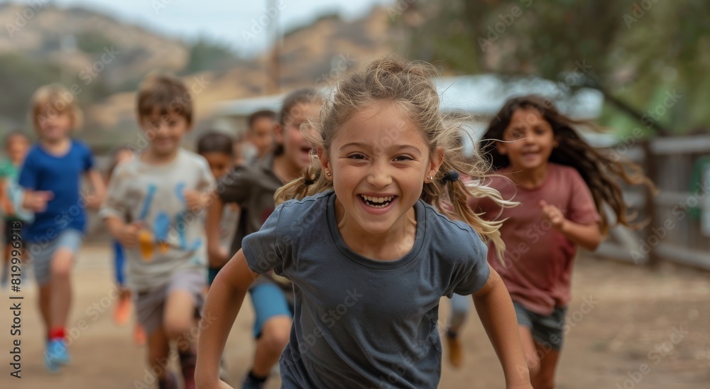 Group of Young Children Running Down Street Group of Young Children Running Down Street