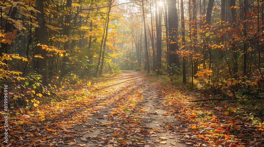A serene forest path covered in autumn leaves with sunlight filtering through the trees.