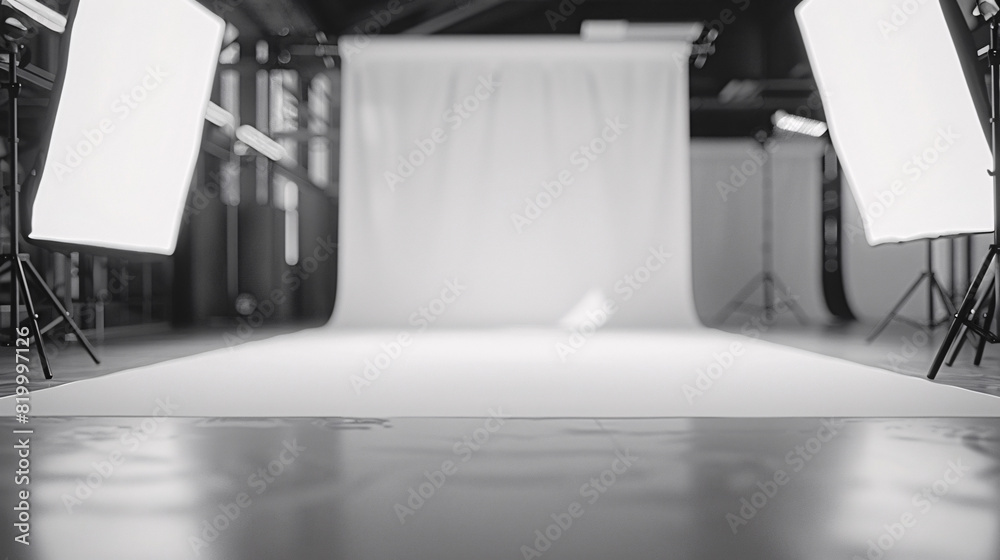 Empty photography studio setup. A monochrome image of an empty photography studio with lights and a white backdrop, ready for a shoot. Empty photography studio setup. A monochrome image of an empty photography studio with lights and a white backdrop, ready for a shoot.