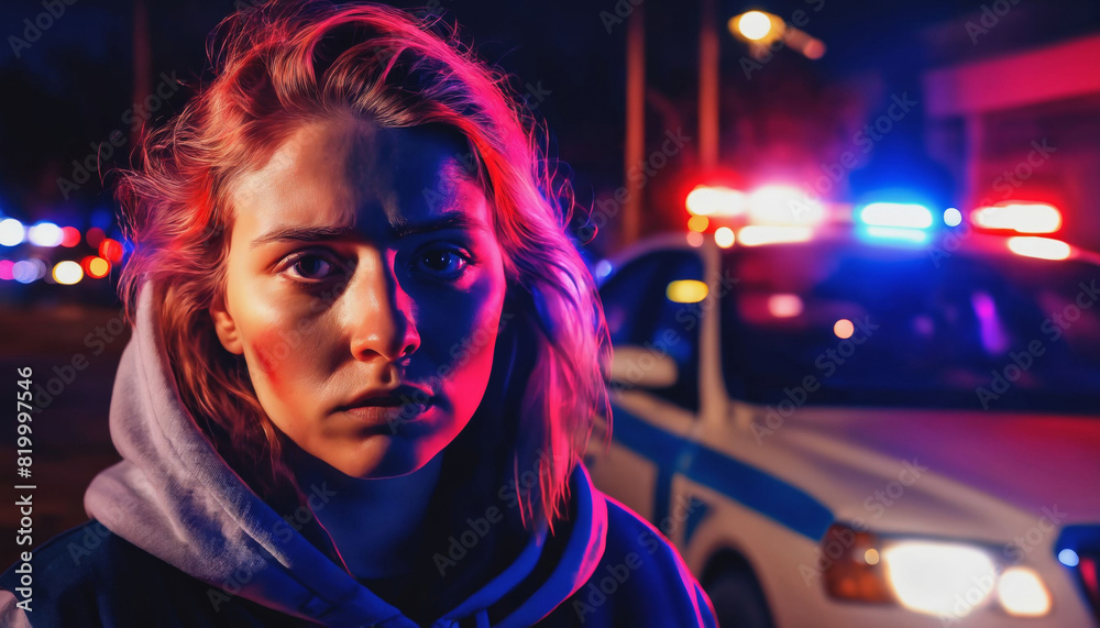 photo of portrait close up view of criminal suspect in crime scene standing in front of police car at night and red blue light, generative AI photo of portrait close up view of criminal suspect in crime scene standing in front of police car at night and red blue light, generative AI