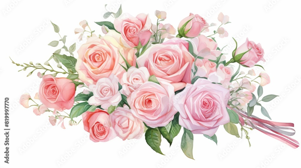 Fototapeta premium A beautiful watercolor illustration of pastel pink roses arranged in a delicate floral bouquet, romantic and elegant designs.