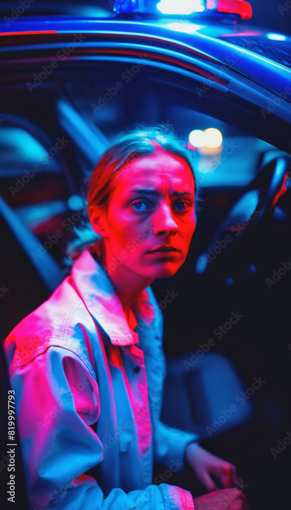 photo of portrait close up view of criminal suspect in crime scene standing in front of police car at night and red blue light, generative AI photo of portrait close up view of criminal suspect in crime scene standing in front of police car at night and red blue light, generative AI