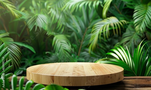 The lush green foliage of the jungle surrounds a wooden platform  creating a natural and exotic backdrop for your product display.