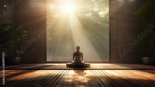 A person meditating in a serene, sunlit room photo