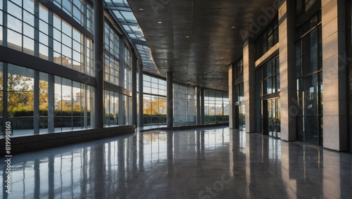 Exterior scene, urban building's entrance hall, featuring modern architecture, cement pathway, and clear sky