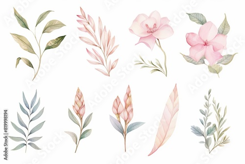 Elegant watercolor floral illustrations featuring delicate leaves and flowers in soft pastel colors  perfect for artistic design projects.
