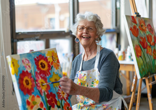 A smiling senior woman painting flowers in an art studio
