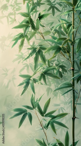 Tall bamboo with green leaves stands against a light background in Chinese painting style.