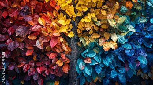 Vivid picture of a vibrant tree showcasing a kaleidoscope of leaves in different hues and patterns, representing the richness and magnificence of variety in the natural world and people. #819998518