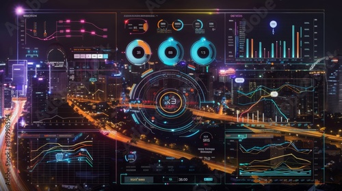 A smart city dashboard showing real-time data and analytics on traffic, energy usage, and public services, high-resolution 