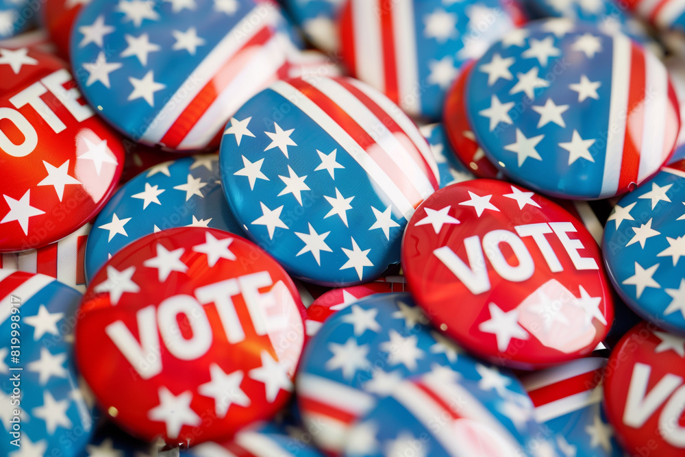 Obraz premium A pile of red, white, and blue buttons with the word 
