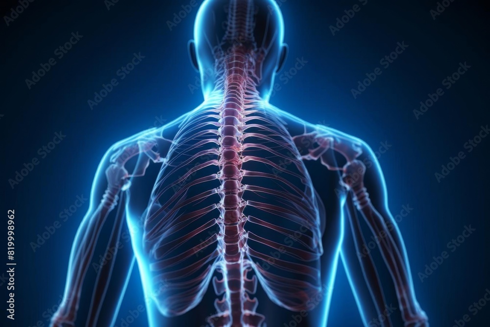 A scene from a techhealth interface showing a digital spine and skeleton A scene from a techhealth interface showing a digital spine and skeleton