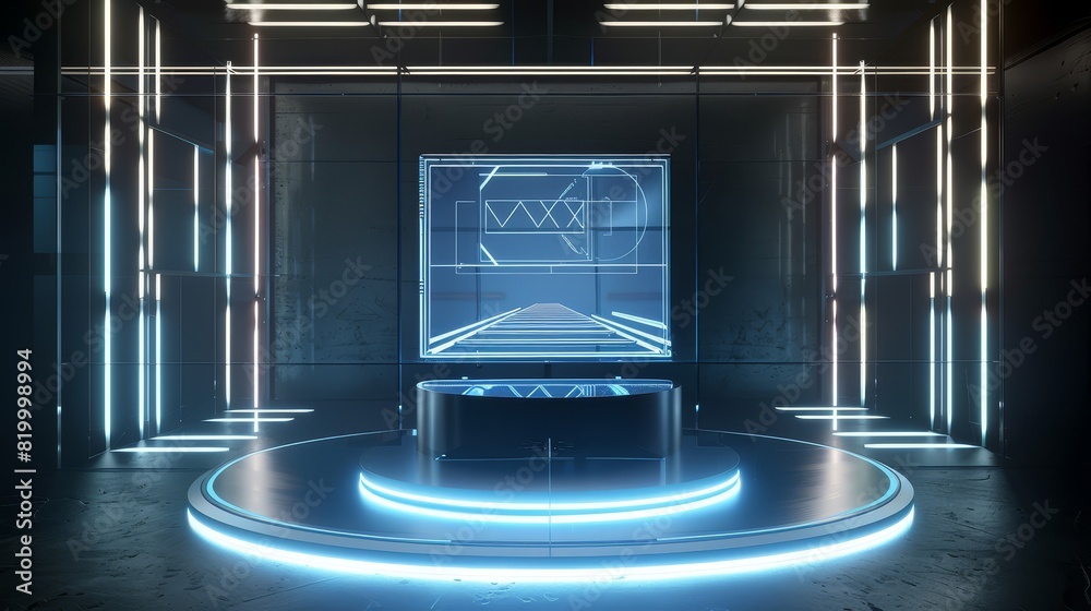 Fototapeta premium The image shows a glowing blue cube on a pedestal in a dark room. The pedestal is surrounded by a glowing blue circle.