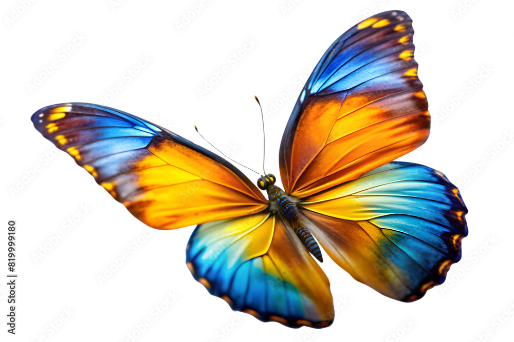 Very beautiful blue yellow orange butterfly in flight isolated on a transparent background. Ai generated Very beautiful blue yellow orange butterfly in flight isolated on a transparent background. Ai generated