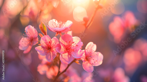 Pink cherry blossoms in spring sunlight. Beautiful pink cherry blossoms illuminated by the warm spring sunlight, creating a vibrant and cheerful scene. © kosarit