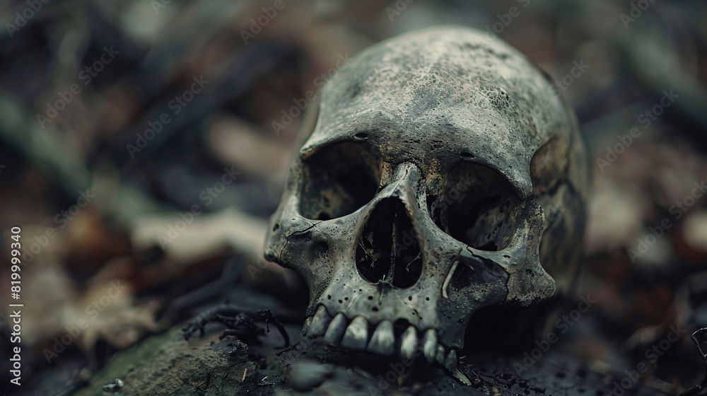 weathered skull on the ground. A close-up of an ancient, weathered skull lying on the forest floor, surrounded by natural elements. weathered skull on the ground. A close-up of an ancient, weathered skull lying on the forest floor, surrounded by natural elements.