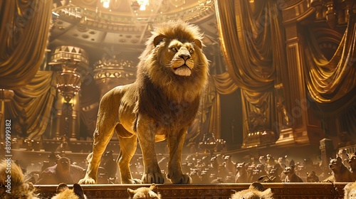 A  lion standing on a raised platform in front of a large crowd of other lions. The lion on the platform is larger than all the others and has a golden mane.