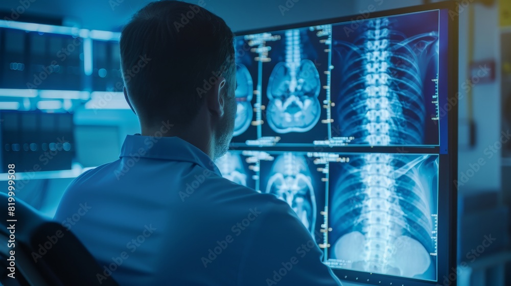 Analyzing a Spinal X-ray on a Large Monitor Analyzing a Spinal X-ray on a Large Monitor