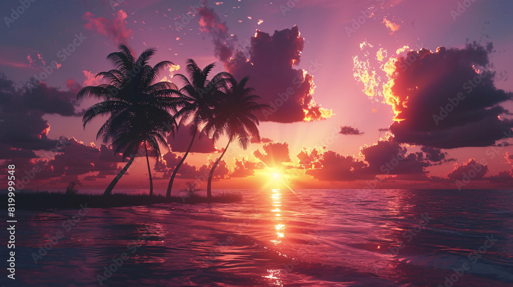 tropical sunset over ocean. A breathtaking tropical sunset with silhouetted palm trees and vibrant colors reflecting off the ocean surface.
