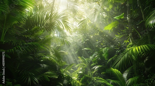A dense jungle with green plants and trees  with rays of sunlight shining through the canopy.