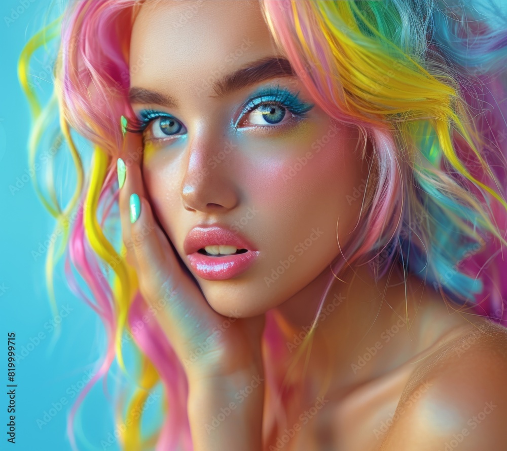 Fototapeta premium Woman With Multicolored Hair Posing for Picture
