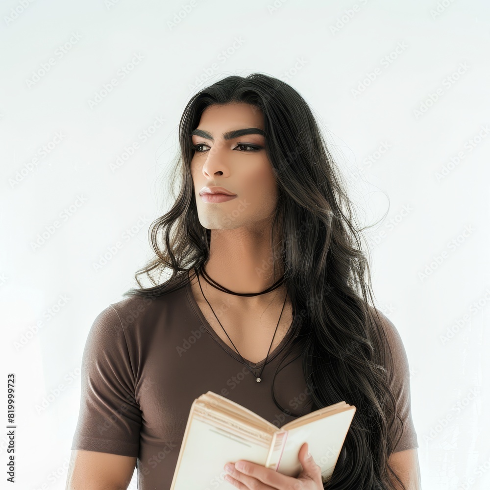 Lulu, a 30 years old transsexual looking contemplative while holding a book, studio photo Lulu, a 30 years old transsexual looking contemplative while holding a book, studio photo