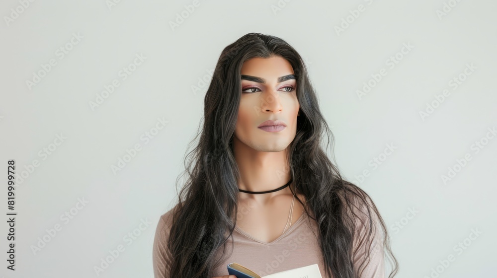 Fototapeta premium Lulu, a 30 years old transsexual looking contemplative while holding a book, studio photo 