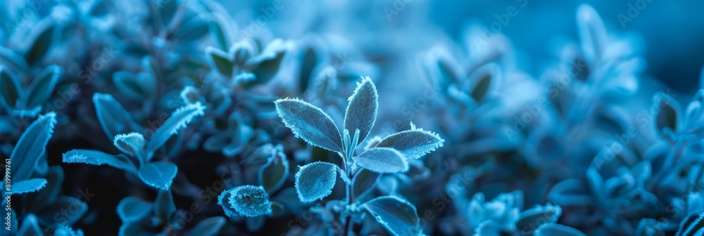 Close-up of plant leaves dusted with frost in a soothing blue tone. Close-up of plant leaves dusted with frost in a soothing blue tone.