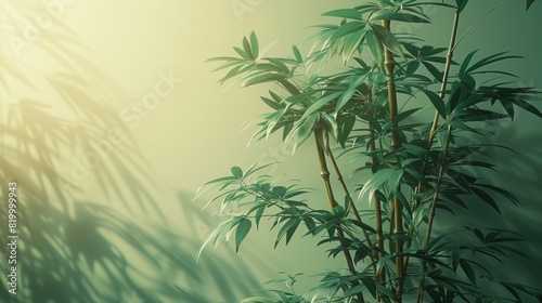 Tall bamboo with green leaves stands against a light background in Chinese painting style. photo