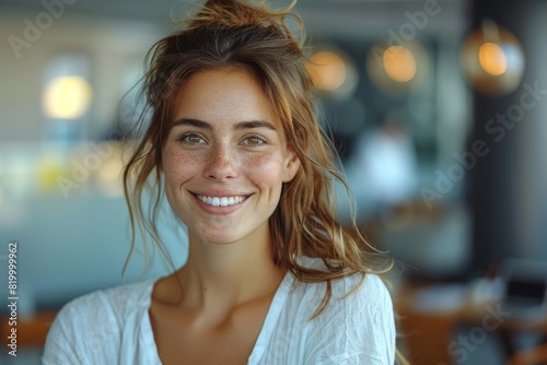 Happy blond woman in white shirt smiling at event  wearing an electric blue hat