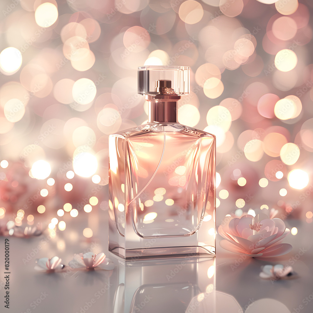 Bottle of pink perfume with the surrounded by golden sequins flying directions against a light purple romance background . The overall color scheme is soft and dreamy, product for women parfum. Bottle of pink perfume with the surrounded by golden sequins flying directions against a light purple romance background . The overall color scheme is soft and dreamy, product for women parfum.