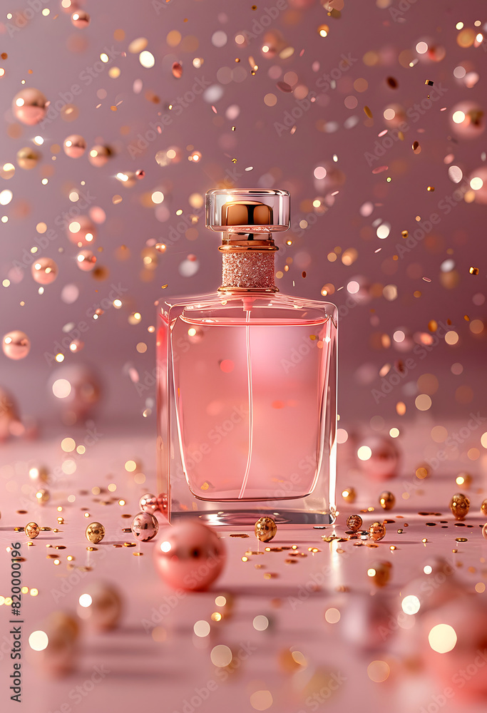 Bottle of pink perfume with the surrounded by golden sequins flying directions against a light purple romance background . The overall color scheme is soft and dreamy, product for women parfum. Bottle of pink perfume with the surrounded by golden sequins flying directions against a light purple romance background . The overall color scheme is soft and dreamy, product for women parfum.