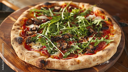 A pizza with a red sauce base, mushrooms, arugula, and white cheese.

 photo