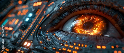 Close-up of a futuristic cybernetic eye with a glowing interface and digital elements showcasing advanced technology and innovation.