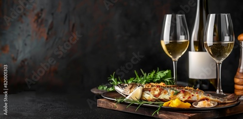 A sumptuous grilled fish seasoned with herbs presented with lemon wedges and white wine, ideal for a gourmet meal