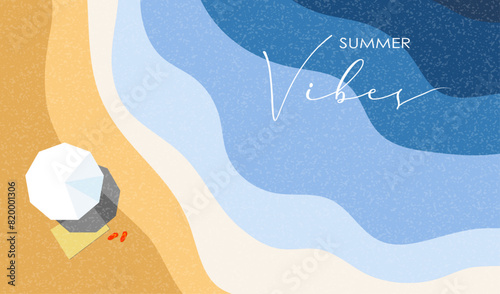 Summer vibes abstract background with sea, beach and umbrella, template cover, poster, card, wallpaper, social and media, vector illustration