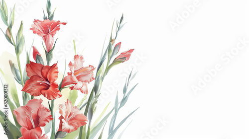 painting watercolor flower background illustration floral nature. Red gladioli flower background for greeting cards weddings or birthdays. Copy space. 