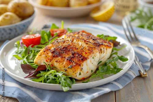 A perfectly grilled cod fillet seasoned with spices on a fresh arugula salad, paired with lemon and tomatoes on the side