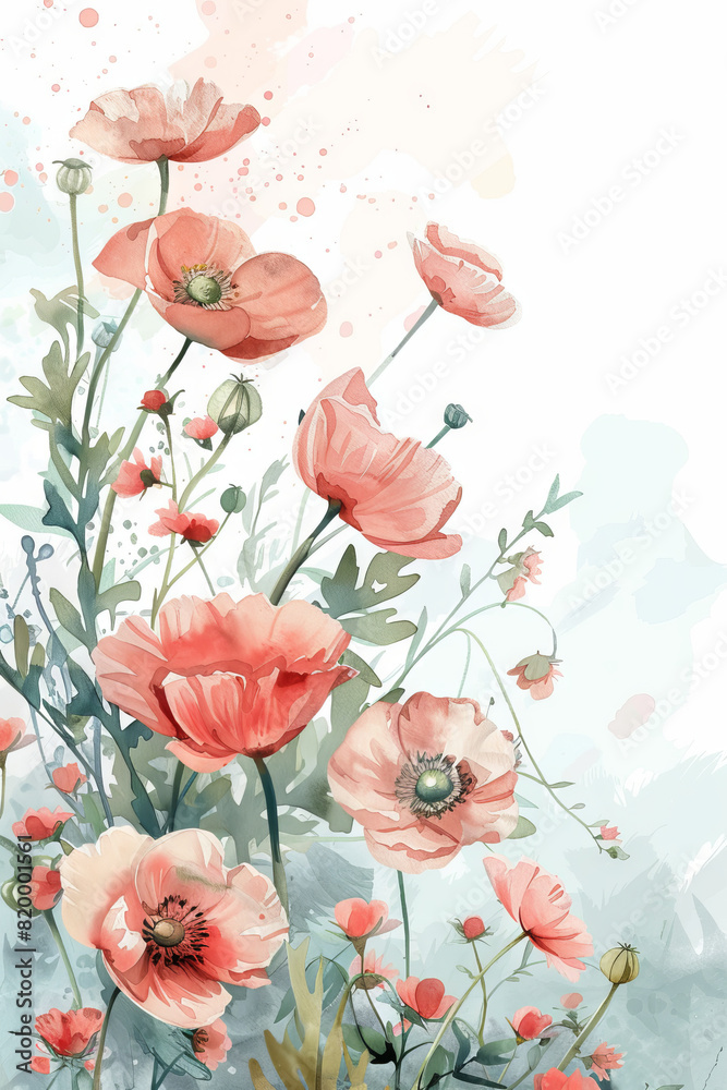 painting watercolor flower background illustration floral nature. Red flower background for greeting cards weddings or birthdays. Copy space. 