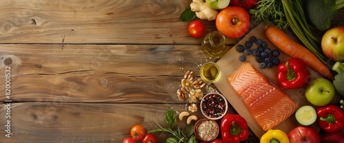 Assorted healthy ingredients like fish, fruits, and vegetables arranged in a neat flat lay on a wood background photo