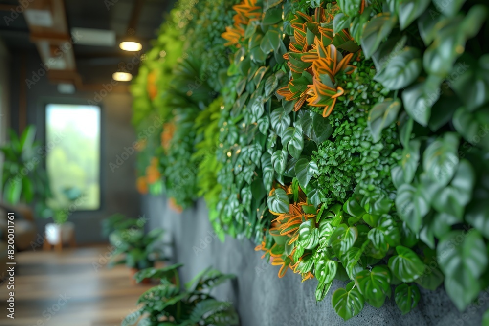 Room with wall of green plants creating a natural fixture