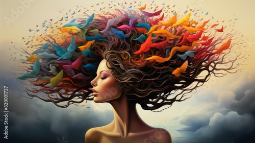 A vibrant, surreal portrayal of a woman with treelike hair and birds photo