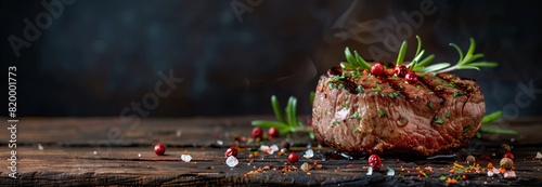 Delectable grilled filet mignon steak garnished with pomegranate seeds on a rustic wood surface