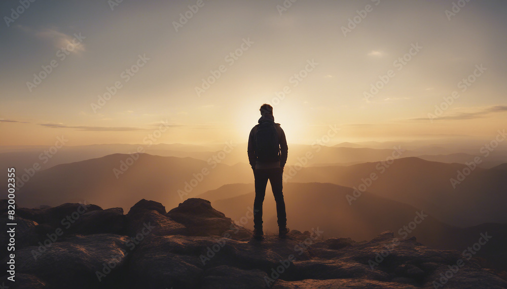 silhouette of a man with a backpack at the top of a rocky mountain watching the sunset, back view
