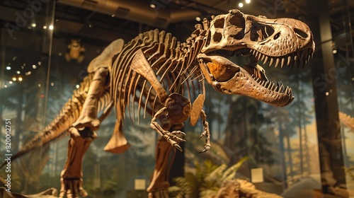 This is a picture of a mounted T-Rex skeleton in a museum.  