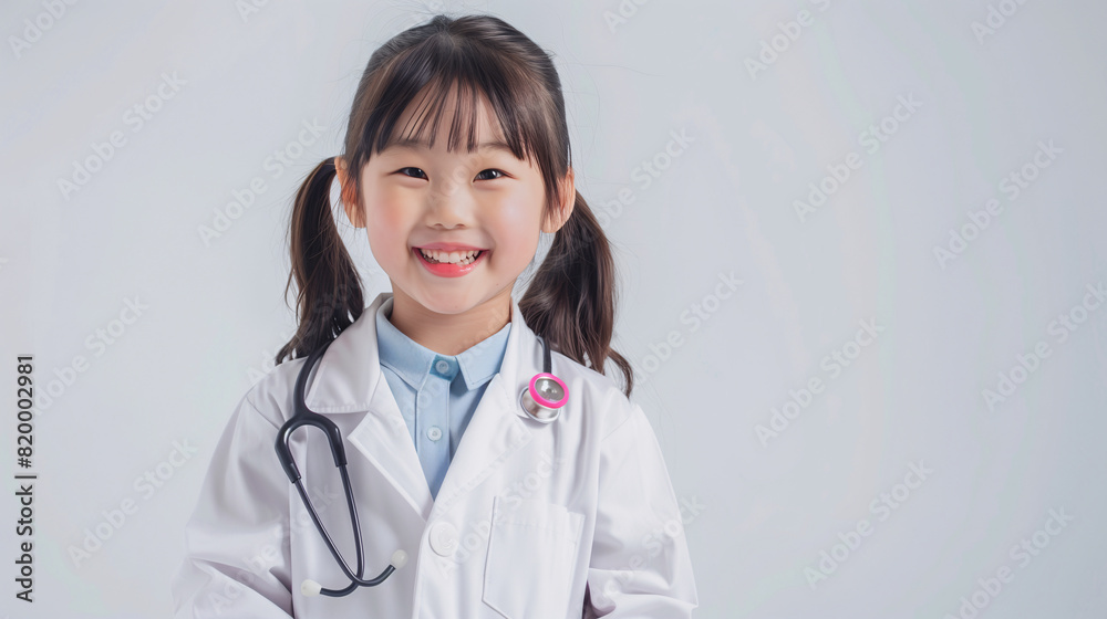 A cute happy smiling young Asian girl dresses like a doctor wearing stethoscope on a plain white background with copy-space for text. A cute happy smiling young Asian girl dresses like a doctor wearing stethoscope on a plain white background with copy-space for text.