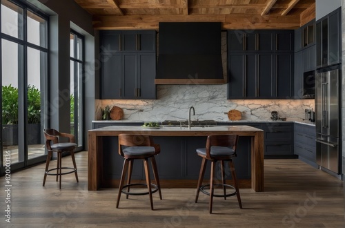 Industrial Dark Grey And Wood Kitchen Design With Marble Countertop © Dhiandra