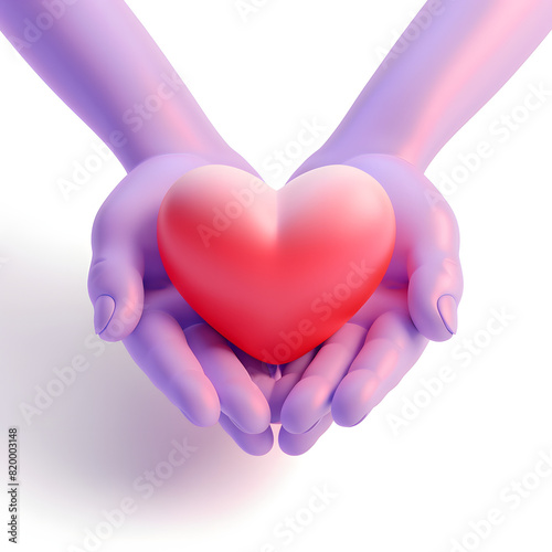 3D icon of hands holding a heart on a white background in the simple cartoon style with flat colors and an isometric